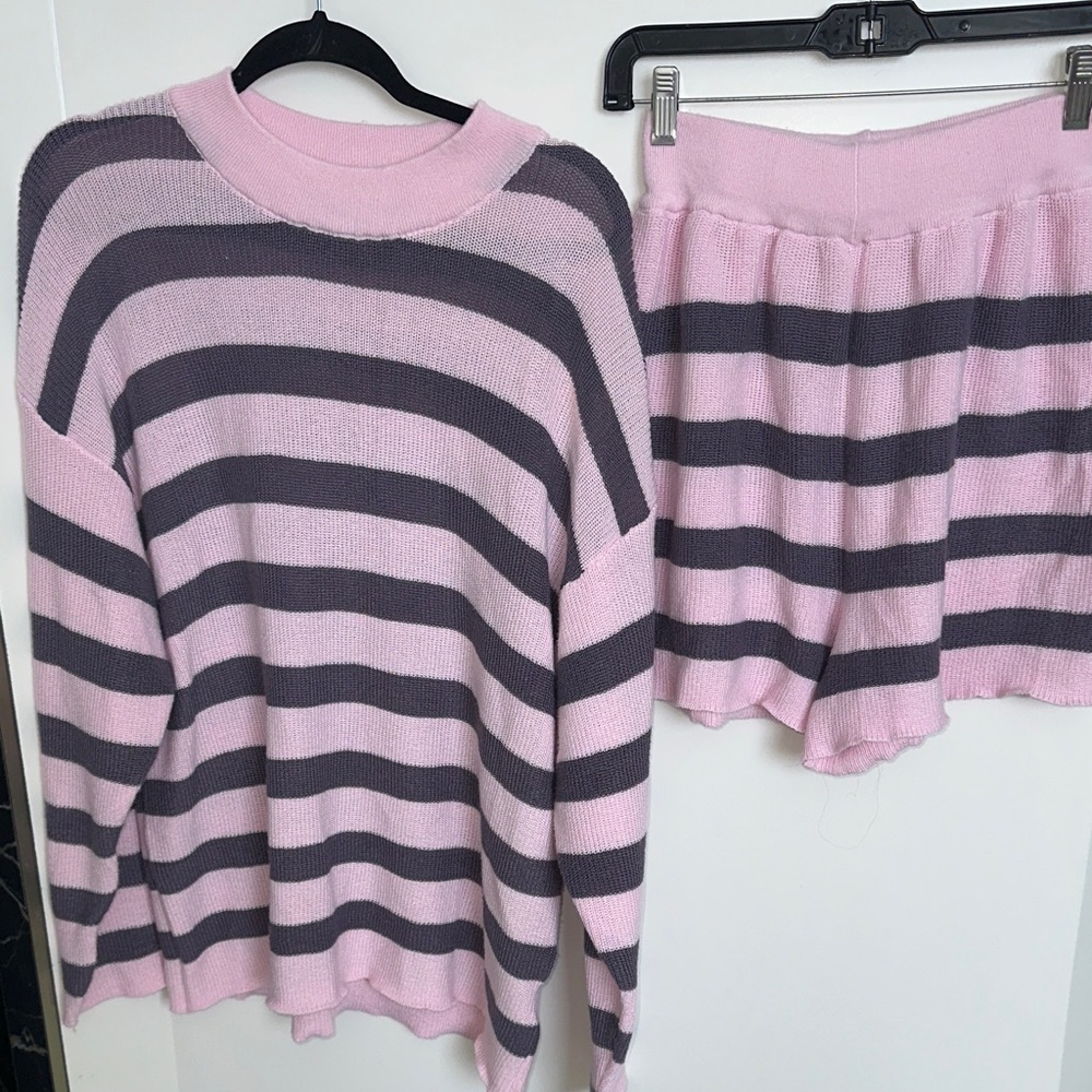 Amazon Essentials Pink and Gray Striped Crewneck Sweater and Shorts Set